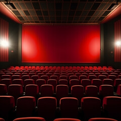 Empty theater auditorium. Empty seats, red chairs.