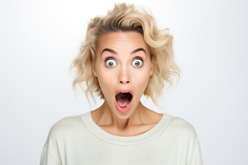 Excited, surprised, emotional woman on a white background.