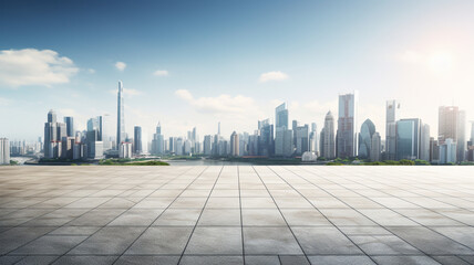 Empty paved area and metropolis city on the horizon. AI generated.