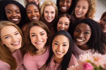 Obraz premium Multiethnic company of young beautiful women - bridesmaids, take a selfie at a wedding or engagement.