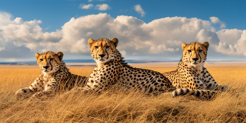 Three young leopards are resting in the grass. Kenya National Park.