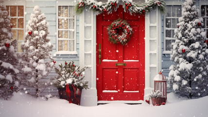 New Year's Christmas wreath on the red door of the house. AI generated.