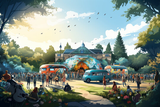 Music festival in nature. Stage with musicians and a crowd of spectators, abstract illustration. Open air party.