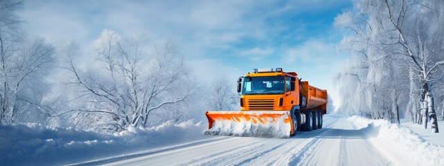 A snowplough working to remove snow from a snowy road after a winter storm. Winter road clearing. horizontal background - obrazy, fototapety, plakaty
