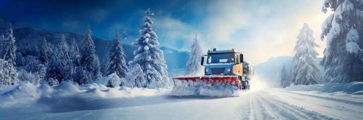 A snowplough working to remove snow from a snowy road after a winter storm. Winter road clearing. horizontal background - obrazy, fototapety, plakaty