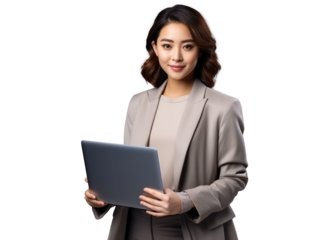 Smiling woman using a tablet, connected and efficient in a professional setting. Generative AI