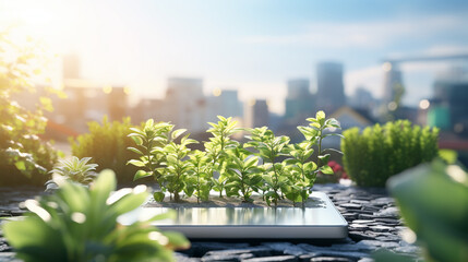 urban farm on roof, high end cell phone style, sleek design, shiny texture, bokeh effect background, modern and sophisticated - obrazy, fototapety, plakaty