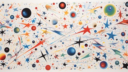 an abstract representation of stars in various shapes and sizes, set against an otherworldly white space, evoking the sense of a cosmic carnival.