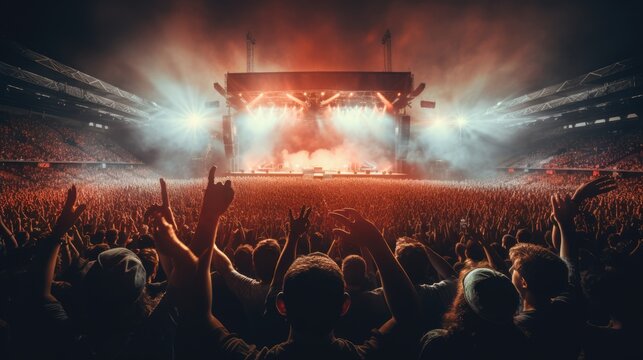 crowd is captivated by a dazzling rock concert, with hands raised and a fiery stage in full blaze, embodying the electric atmosphere of live music.