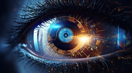 Close-up of a human eye with futuristic digital augmentation, representing concepts of cybernetics, biotechnology, and advanced surveillance.