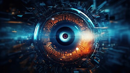 Close-up of a human eye with futuristic digital augmentation, representing concepts of cybernetics, biotechnology, and advanced surveillance.