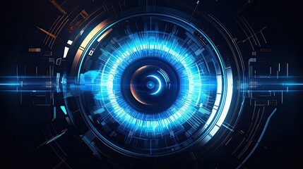 Close-up of a human eye with futuristic digital augmentation, representing concepts of cybernetics, biotechnology, and advanced surveillance.