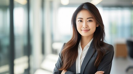 Asian female executive with long hair cute smile holding tablet crossed arms, standing by the office window 