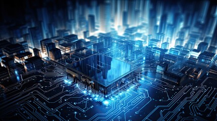 Futuristic digital cityscape with glowing neon lights and circuit patterns, representing advanced technology and cyber concept.