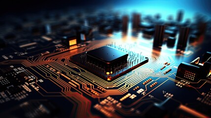 Illuminated central processing unit on a motherboard with electronic circuits, symbolizing technology and computing.