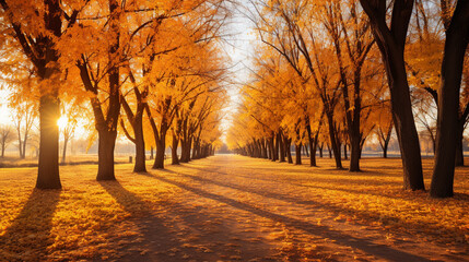 natural park in autumn, with trees adorned in yellow leaves Capture the essence of a bright sunny day in fall, highlighting the tranquility and beauty of the scene