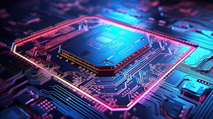 3D illustration of an advanced microchip on a circuit board with glowing neon lights and futuristic technology concept.