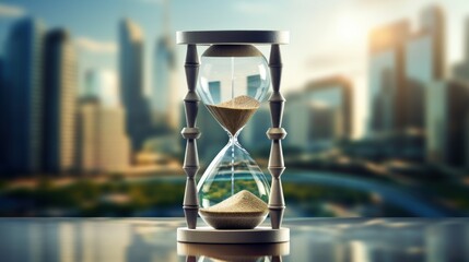 Close up hourglass on table with big city background, time and business concept,