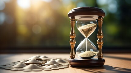Close up hourglass on table with big city background, time and business concept, - obrazy, fototapety, plakaty