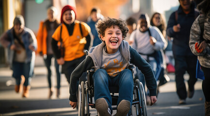a smiling boy in a wheelchair runs with students in a group - Powered by Adobe