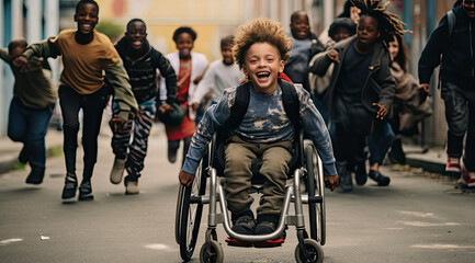 a smiling boy in a wheelchair runs with students in a group - obrazy, fototapety, plakaty