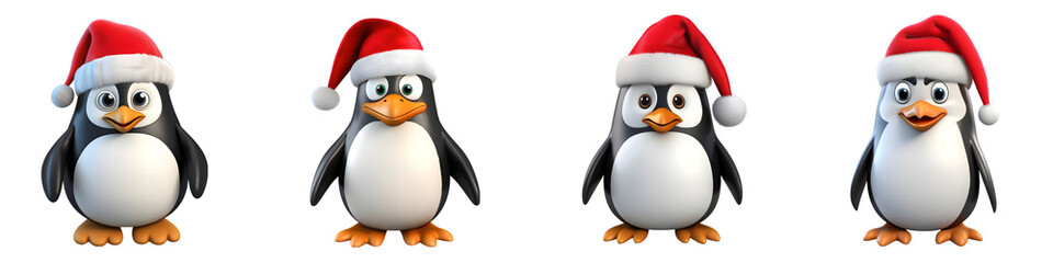 Fototapeta premium 3D Cartoon Penguin Set in Santa Hats on Transparent Background