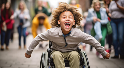a smiling boy in a wheelchair runs with students in a group