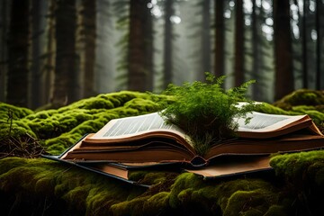 old books lying on green moss in forest with trees in background open book with paper pages concept...