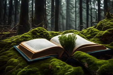 old books lying on green moss in forest with trees in background open book with paper pages concept...