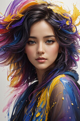 Fototapeta premium Colorful beautiful 18-years old girl with messy hair, oil painting. generative AI