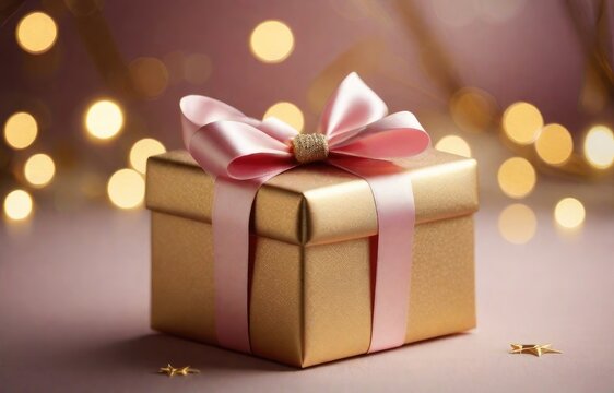 Christmas gift box with pink bow and decoration on bokeh background