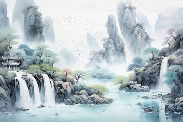 Tranquil Waterfall: Asian Calligraphy,Calligraphy art style - obrazy, fototapety, plakaty