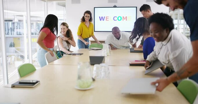 Business people, arrive at meeting and welcome for teamwork, collaboration and project startup in office. Professional group of men and women at table for creative discussion, introduction and agency