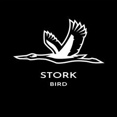 Flying stork logo on a dark background.