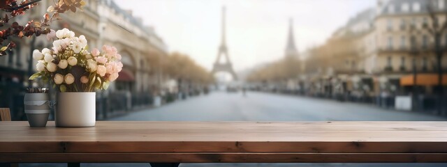 Beautiful blooms in rustic pots on a table with a sunny Paris street in soft focus, banner, design template, travel and lifestyle - obrazy, fototapety, plakaty