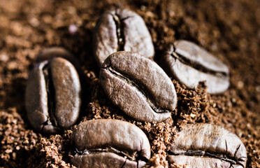 coffee beans and grind coffee, close up