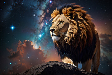 Naklejka premium A Lion in Colorful Space Galaxy Cloud Nebula. generative AI