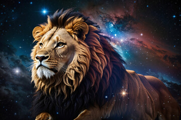 Naklejka premium A Lion in Colorful Space Galaxy Cloud Nebula. generative AI