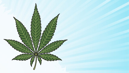 Cannabis leaf illustration banner template isolated on light sky blue god rays background design art blank. Marijuana sativa indica green leaves horizontal place for text text area copy space 