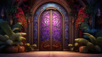 an enticing scene featuring an arched, vibrant door with intricate patterns, evoking a sense of...