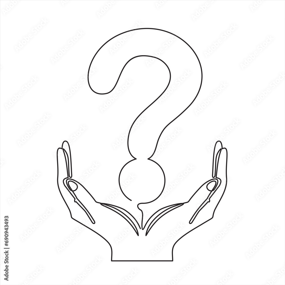 Poster hand holds question mark one line art, hand drawn asking sign, idea continuous contour. query faq co