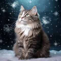 Siberian cat in snowfall