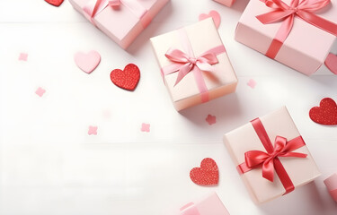 pink gift boxes with red bow and heart decor on white wooden table soft light top view