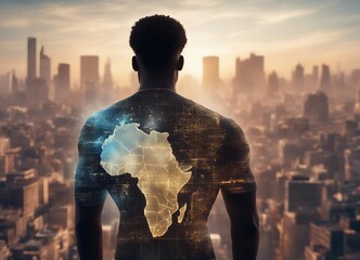 Back view of a black man, holographic digital map of Africa projected on his back.
 - obrazy, fototapety, plakaty