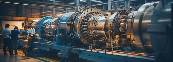 Fototapeta na wymiar Turbine machine in gas and oil processing plant that powers compressor unit. Long-term operation of a turbine using automated logic control.