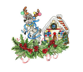 Christmas composition with deer. Christmas decoration and characters. Watercolor elements .Design for baby shower party, birthday, cake, holiday celebration design, greetings card, invitation.