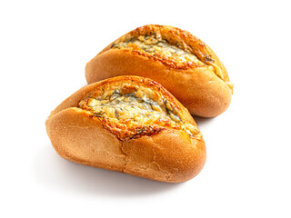Buns stuffed with cheese, herbs and garlic, on a white background
