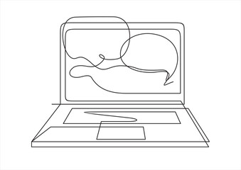 Laptop computer with speech bubble.Continuous line art or one line drawing	