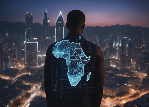 Back view of a black man, holographic digital map of Africa projected on his back.
