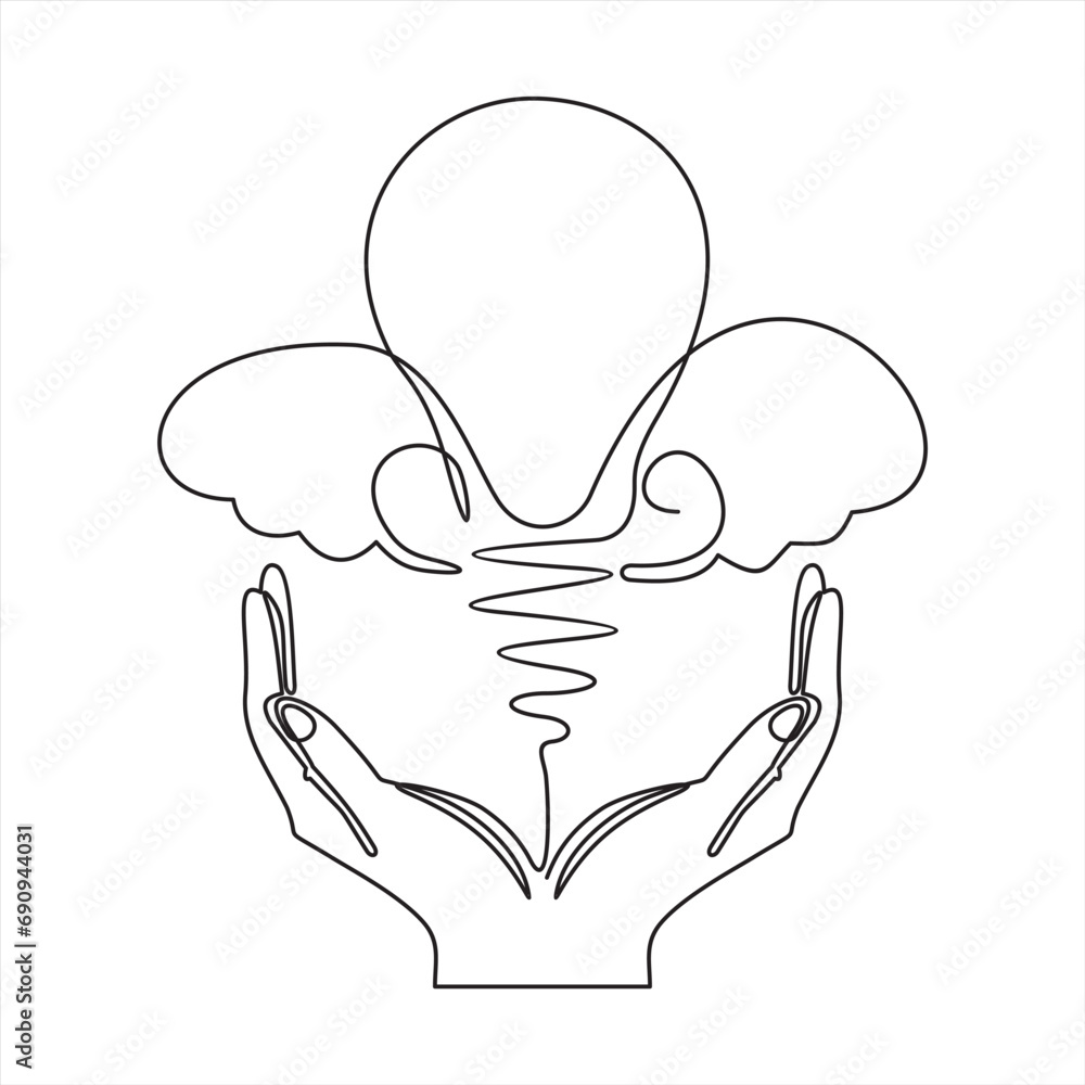 Aufkleber lightbulb on hand one continuous line drawing. electric lamp. brainstorm linear symbol. vector isola